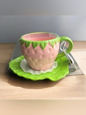 NEW Lang by Design Studio Strawberry Pink and Green Cup Leaf Saucer Hand Painted